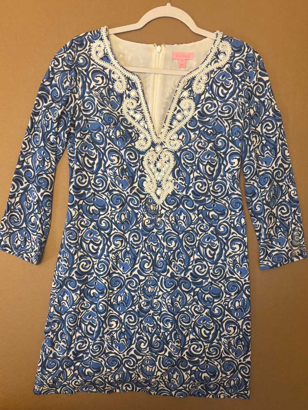 Lilly Pulitzer Dress Womens XS Julianna Tunic Blue White Lined Beaded Preppy